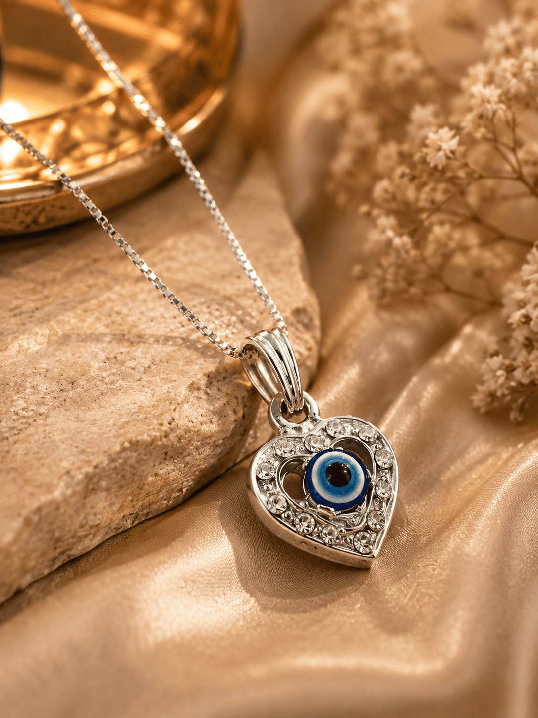 Silver-Tone Heart Evil Eye Pendant Necklace
