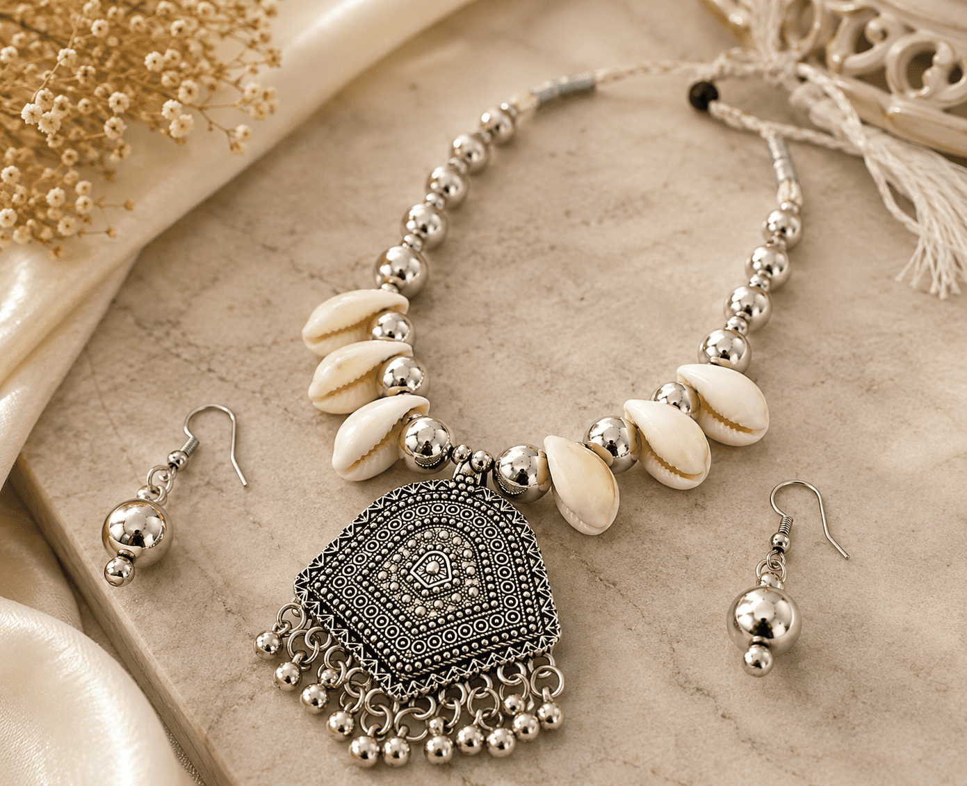 Oxidized Silver Cowrie Shell Necklace & Earrings Set