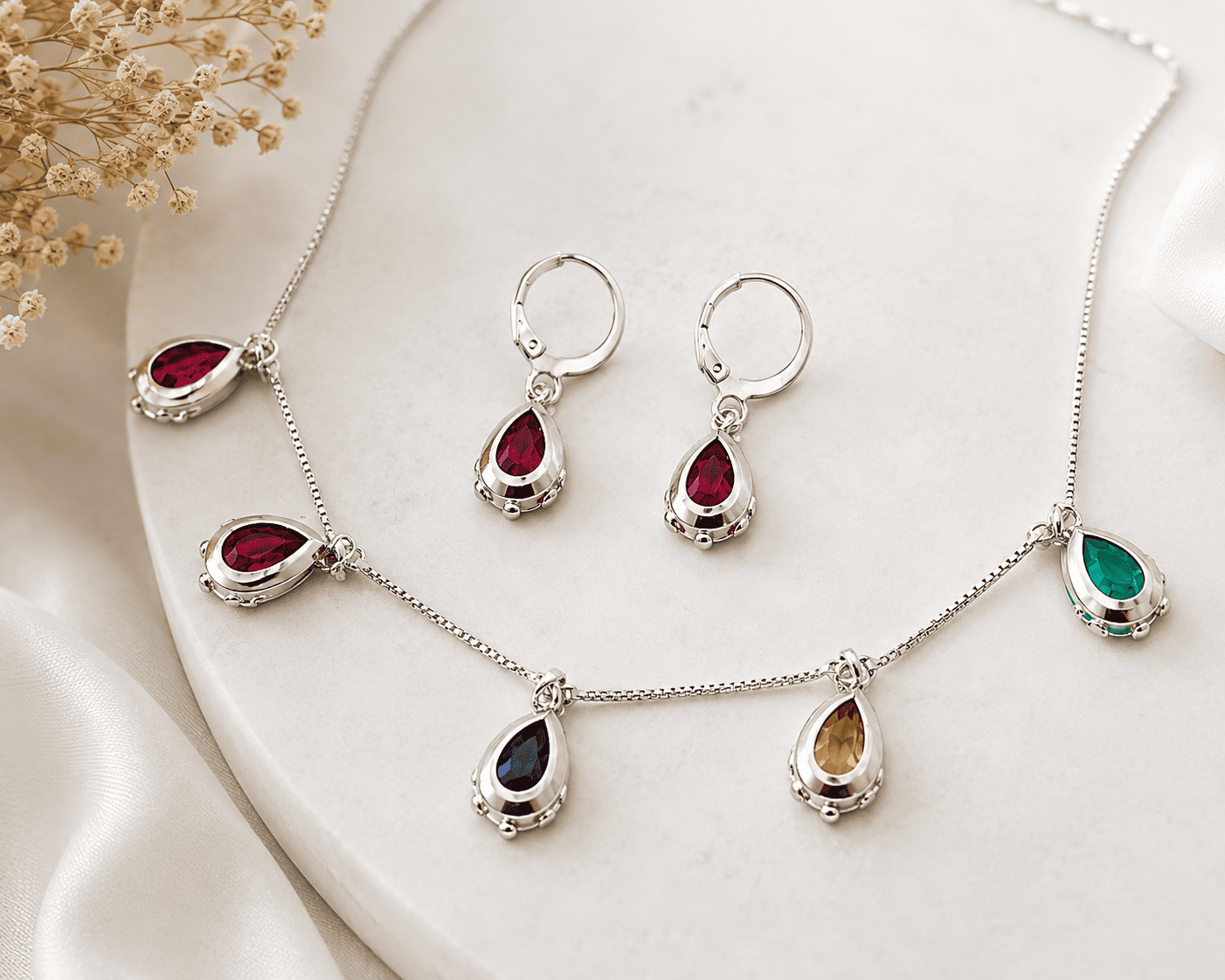 Multicolor Teardrop Stone Necklace & Earrings Set