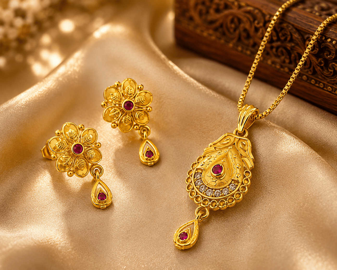 Gold-Tone Floral Pendant Necklace & Earrings Set