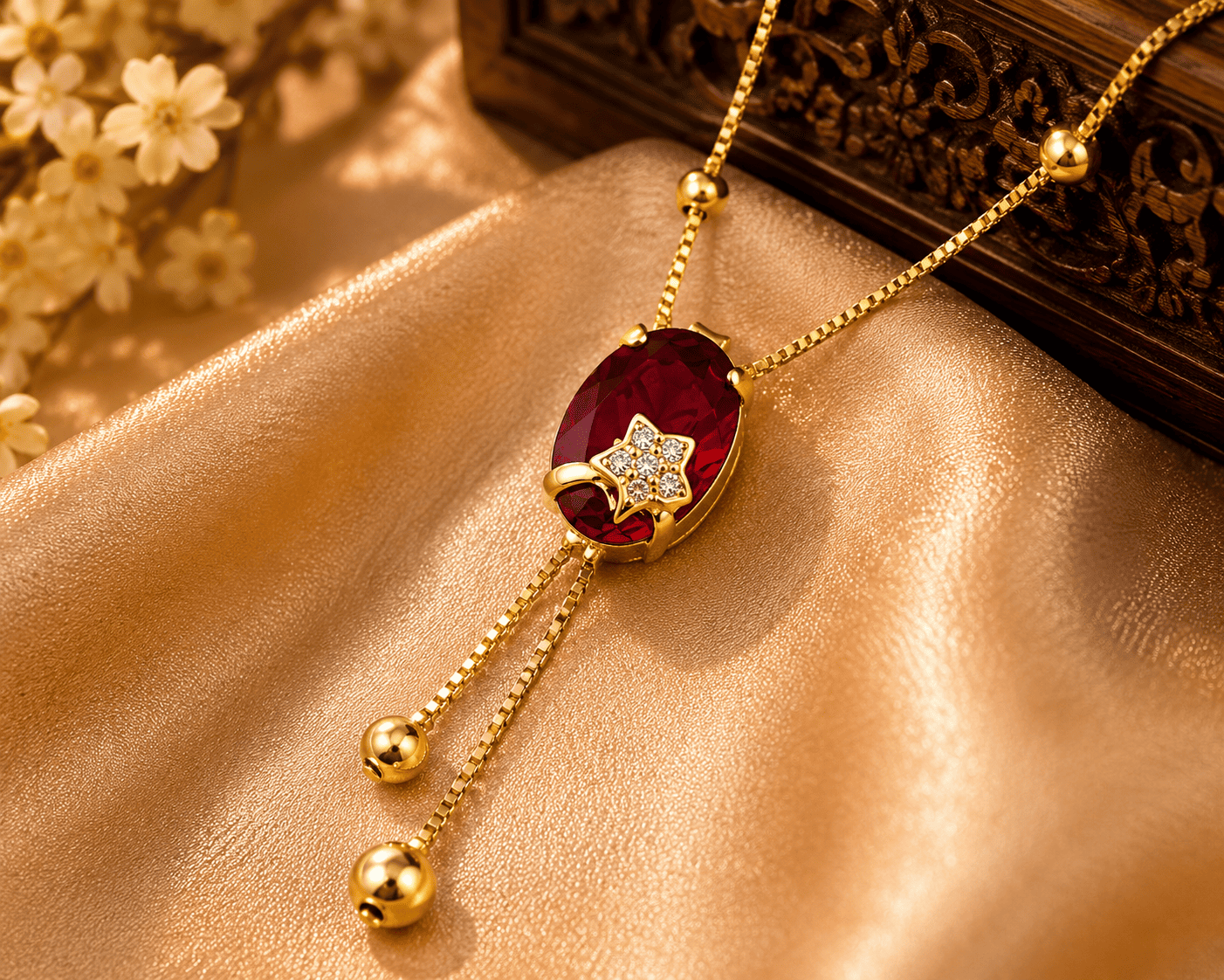 Gold-Tone Ruby Red Oval Pendant Necklace