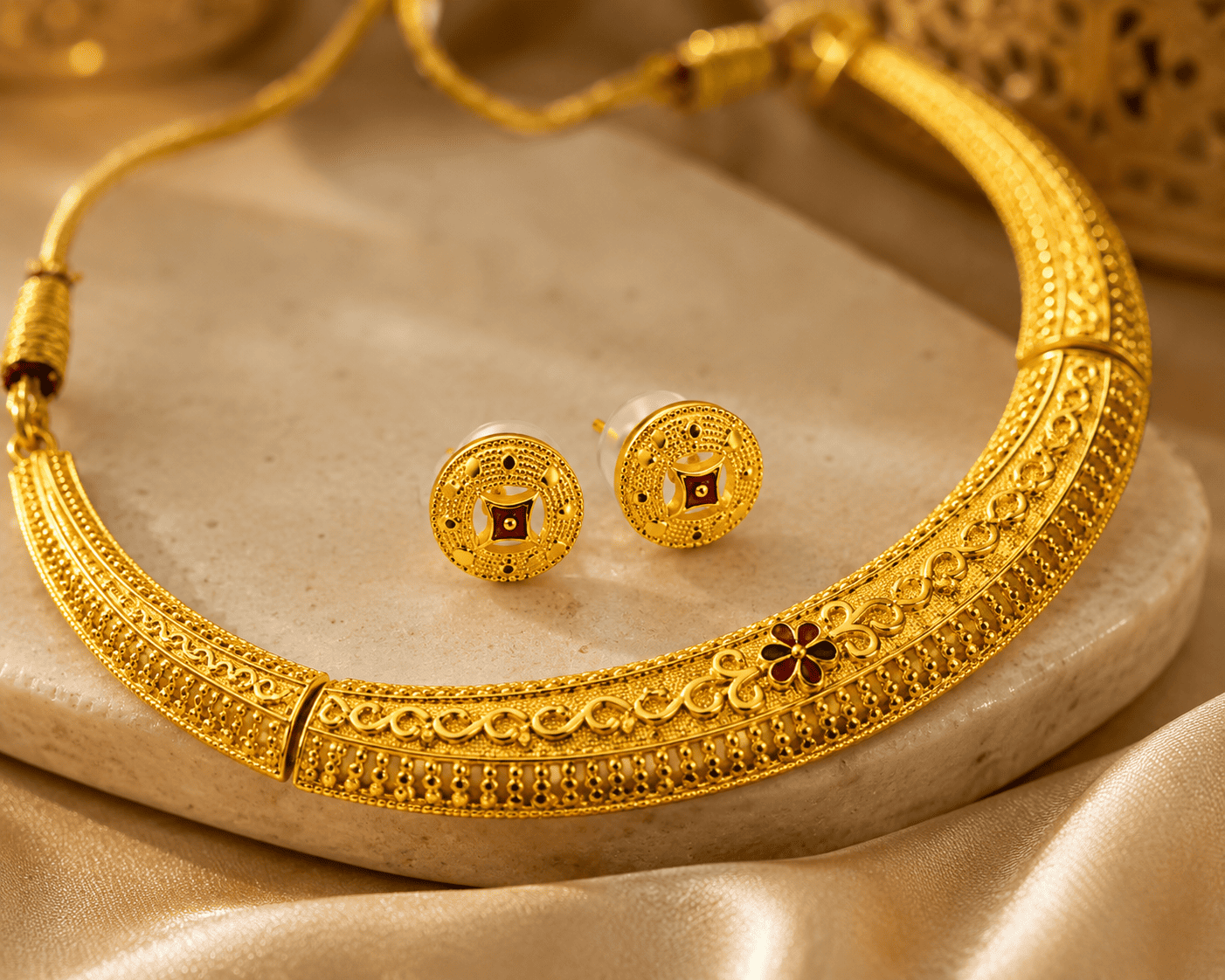Gold-Tone Traditional Choker Necklace & Earrings Set