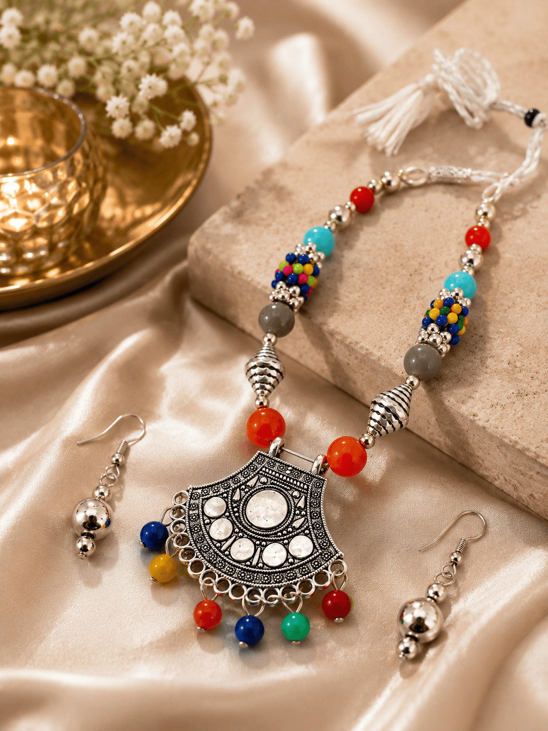 Multicolor Beaded Oxidized Silver Necklace & Earrings Set