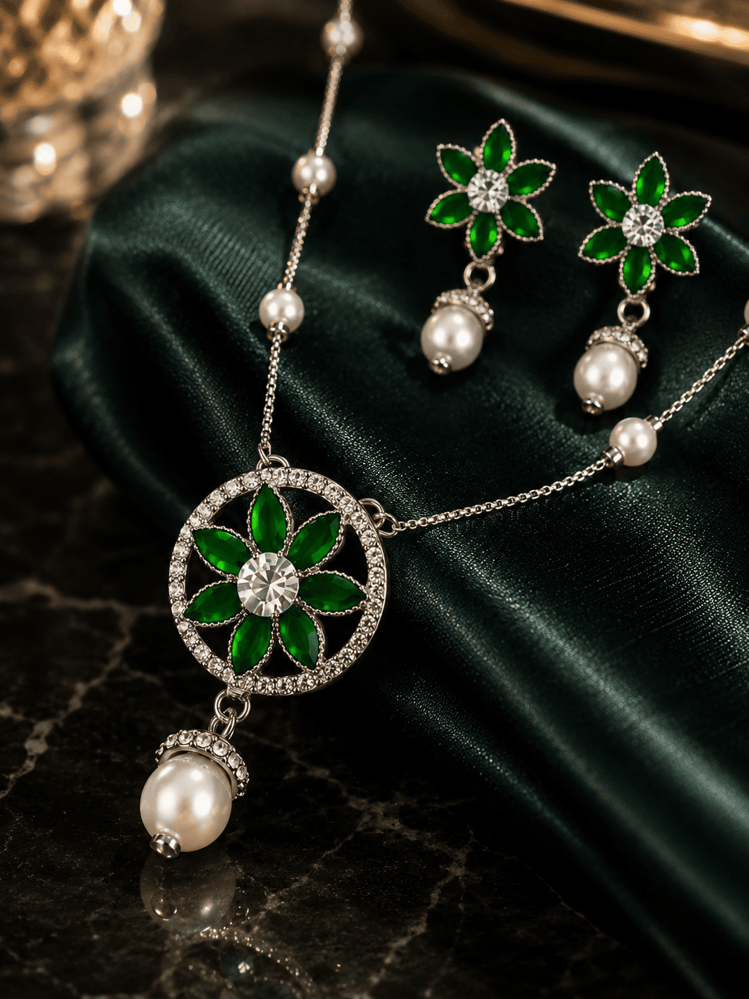 Green Floral Pearl Jewellery Set
