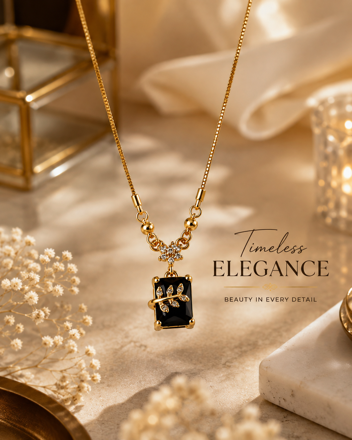 Black Gemstone Gold-Tone Pendant Necklace