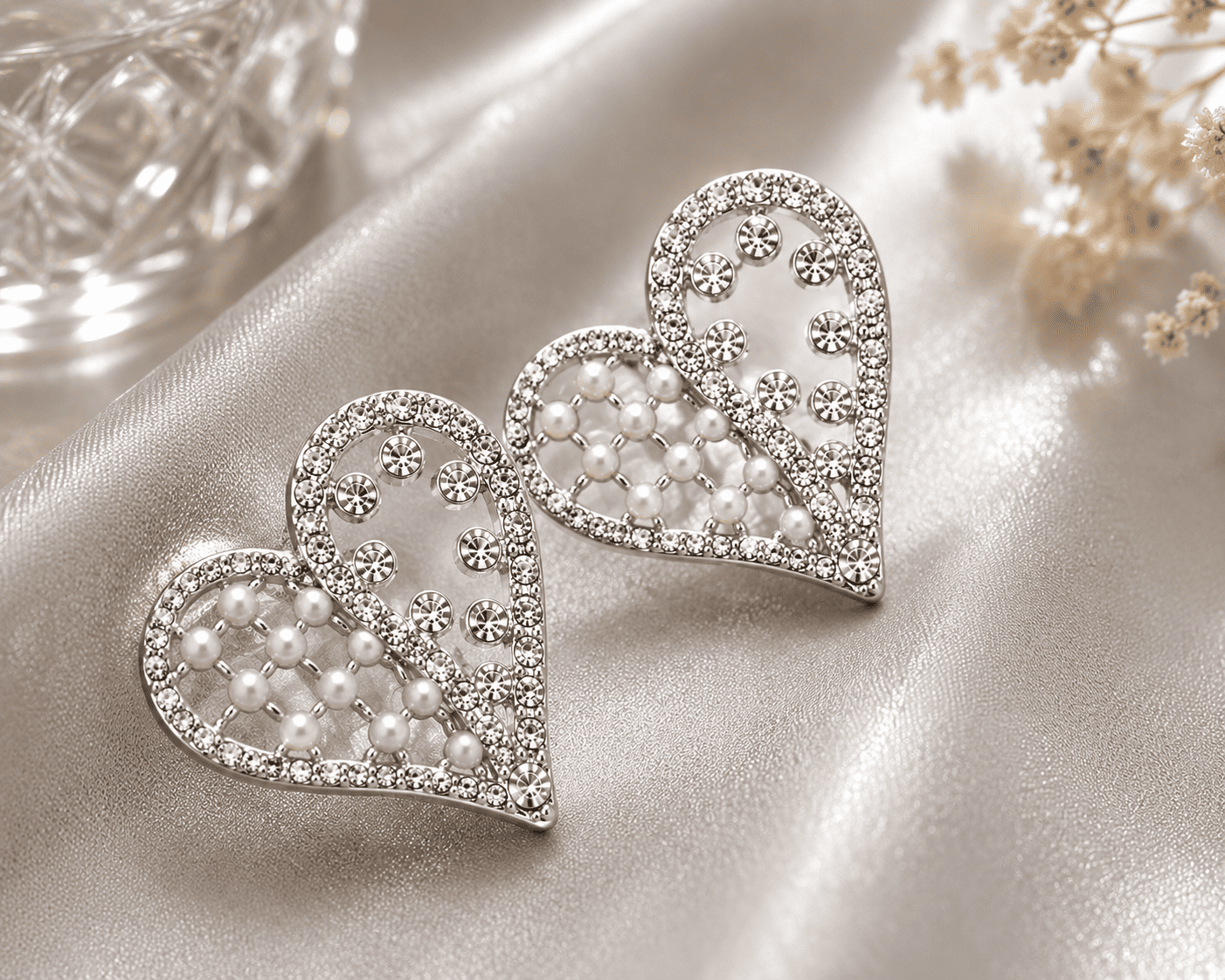 Elegant Heart-Shaped Pearl & Crystal Drop Earrings