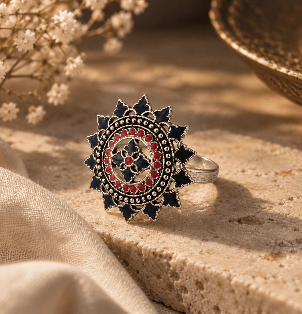 Lotus Mandala Oxidized Silver Ring