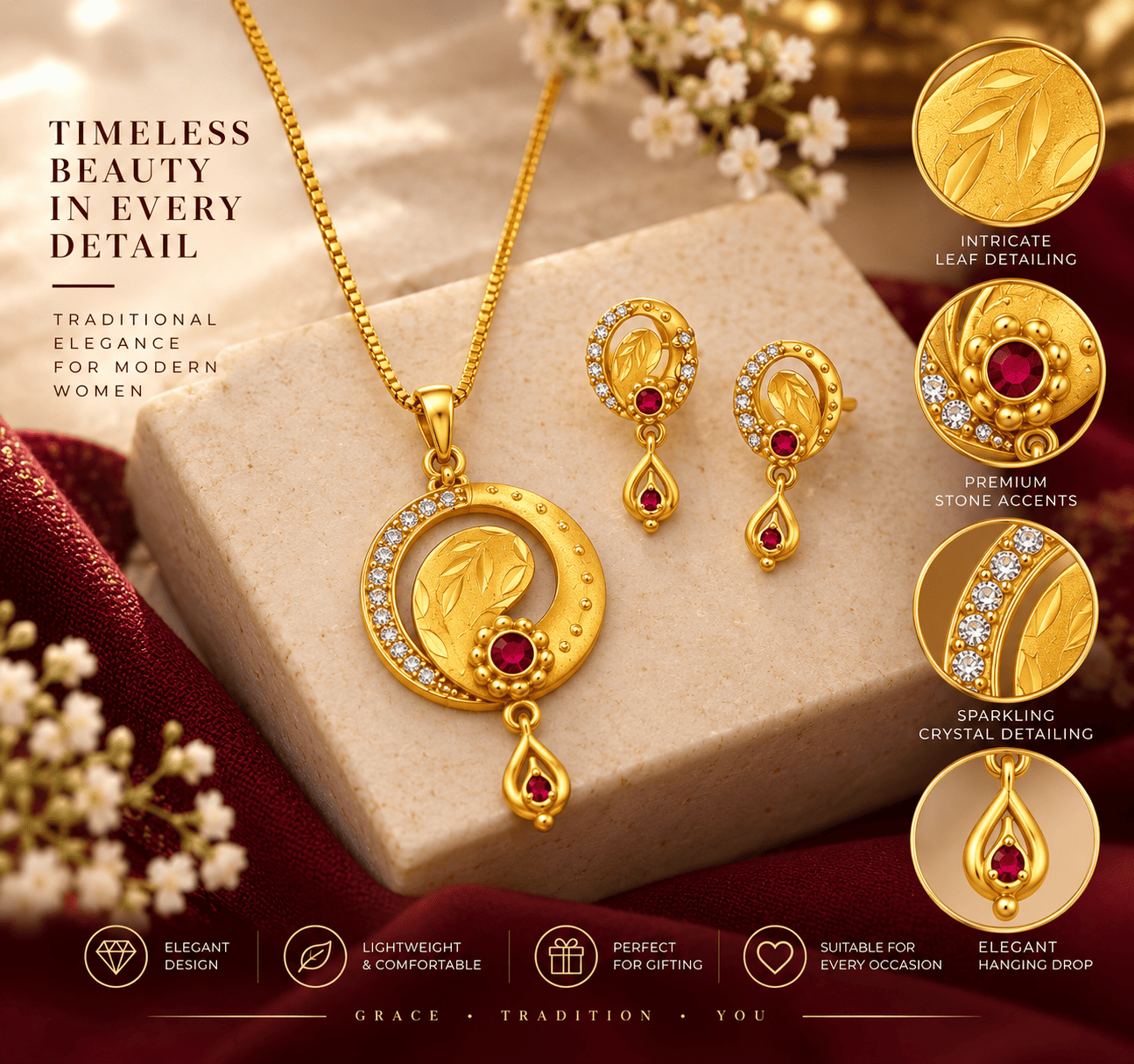 Gold-Tone Leaf & Ruby Pendant Necklace Set