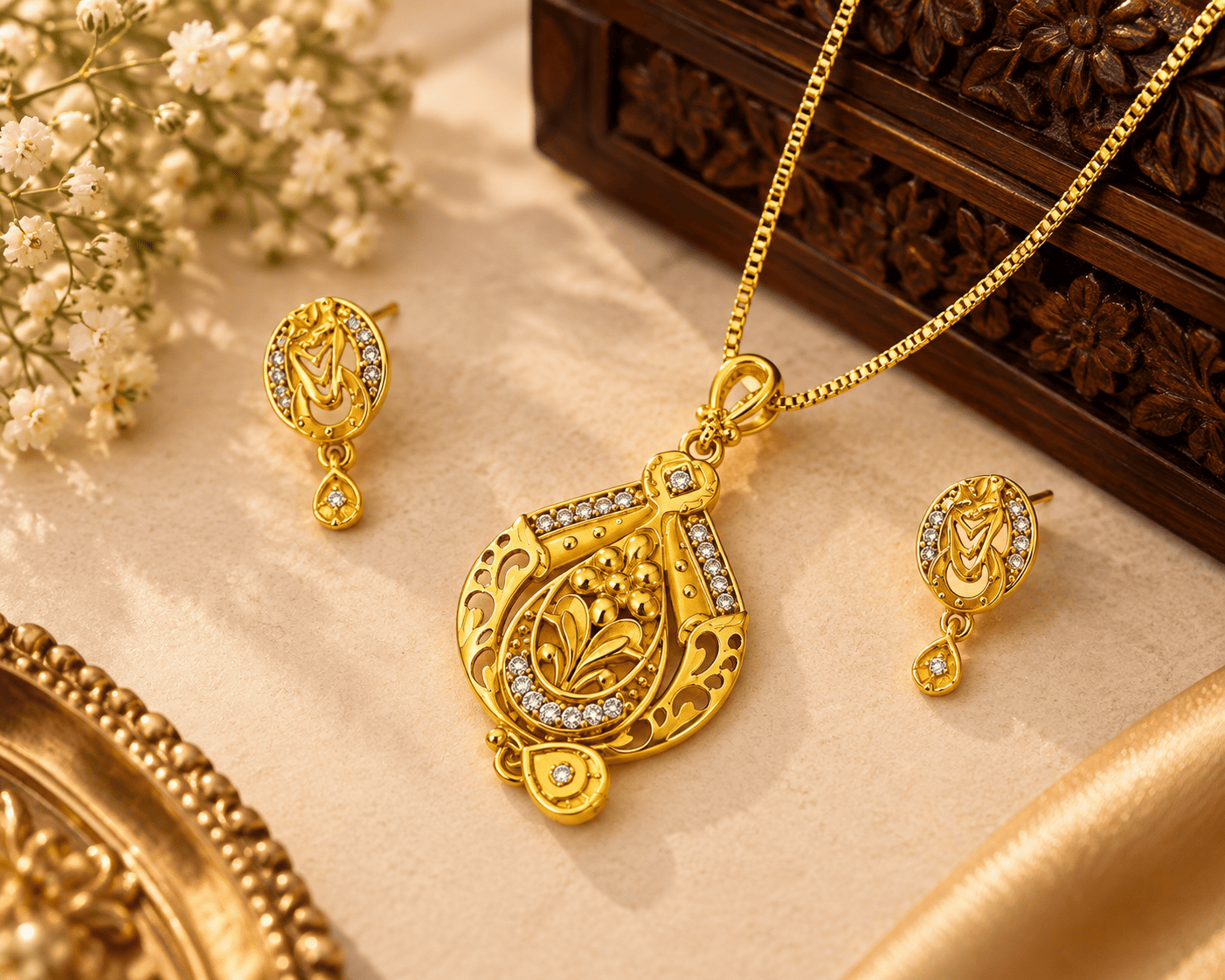 Gold-Tone Floral Paisley Pendant Necklace & Matching Earrings Set