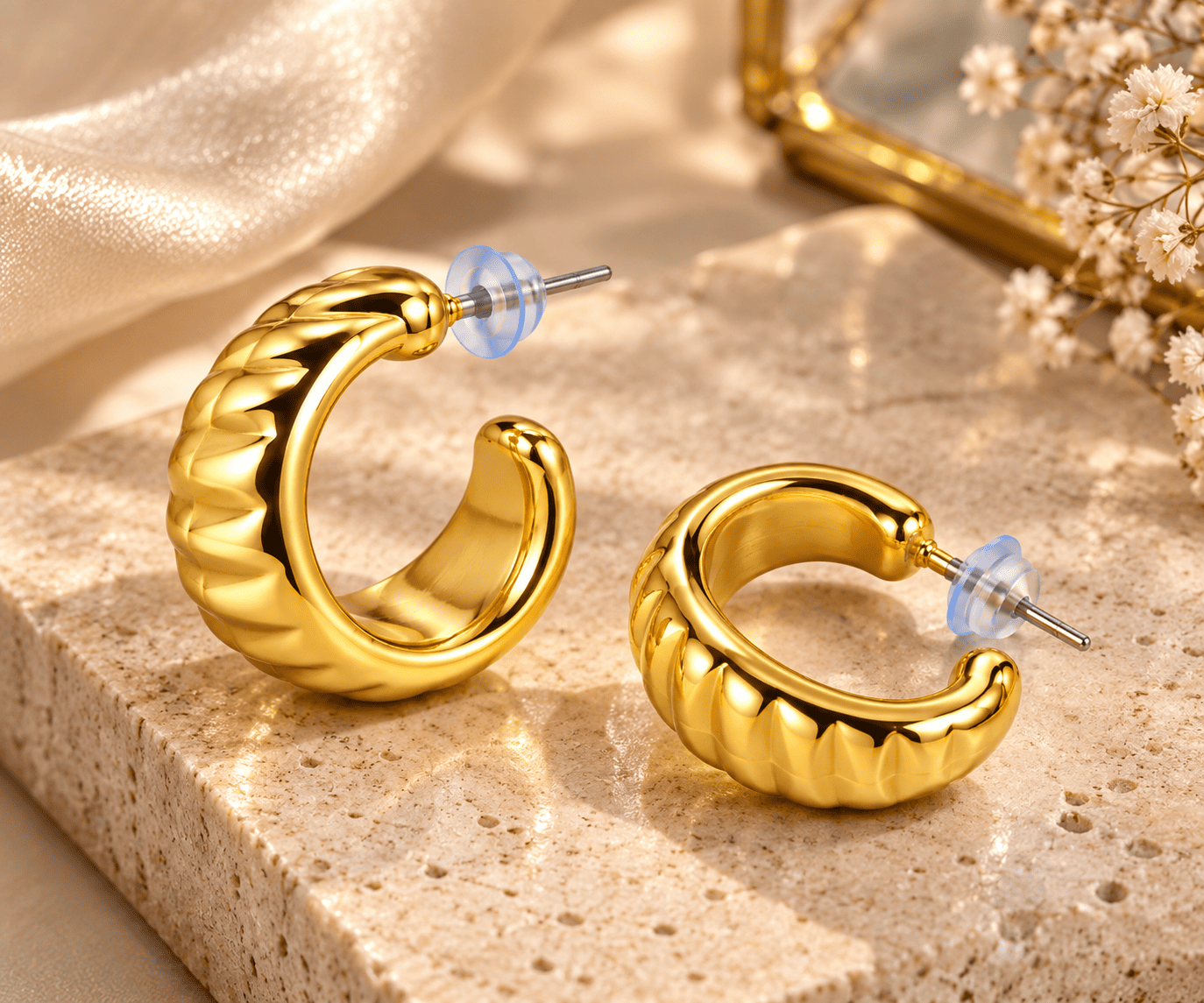 Ribbed Crescent Hoop Korean Earrings