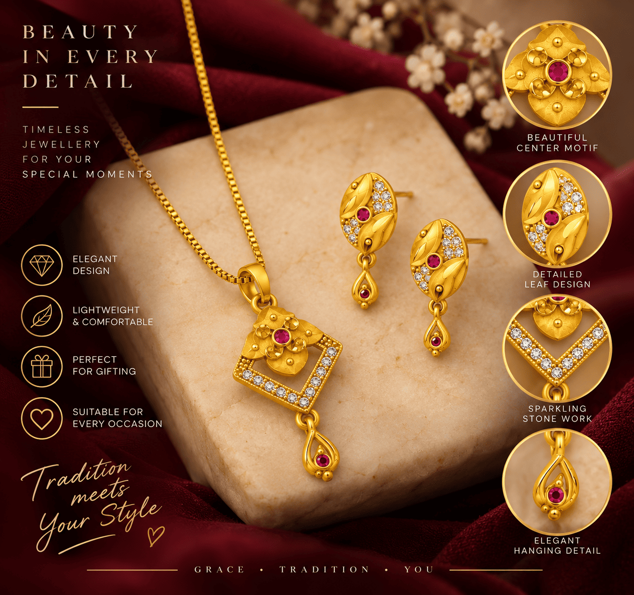Gold-Tone Floral Leaf Necklace & Earrings Set